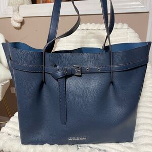 Michael Kors Navy Blue Pebbled Leather Tote with Belt Accent